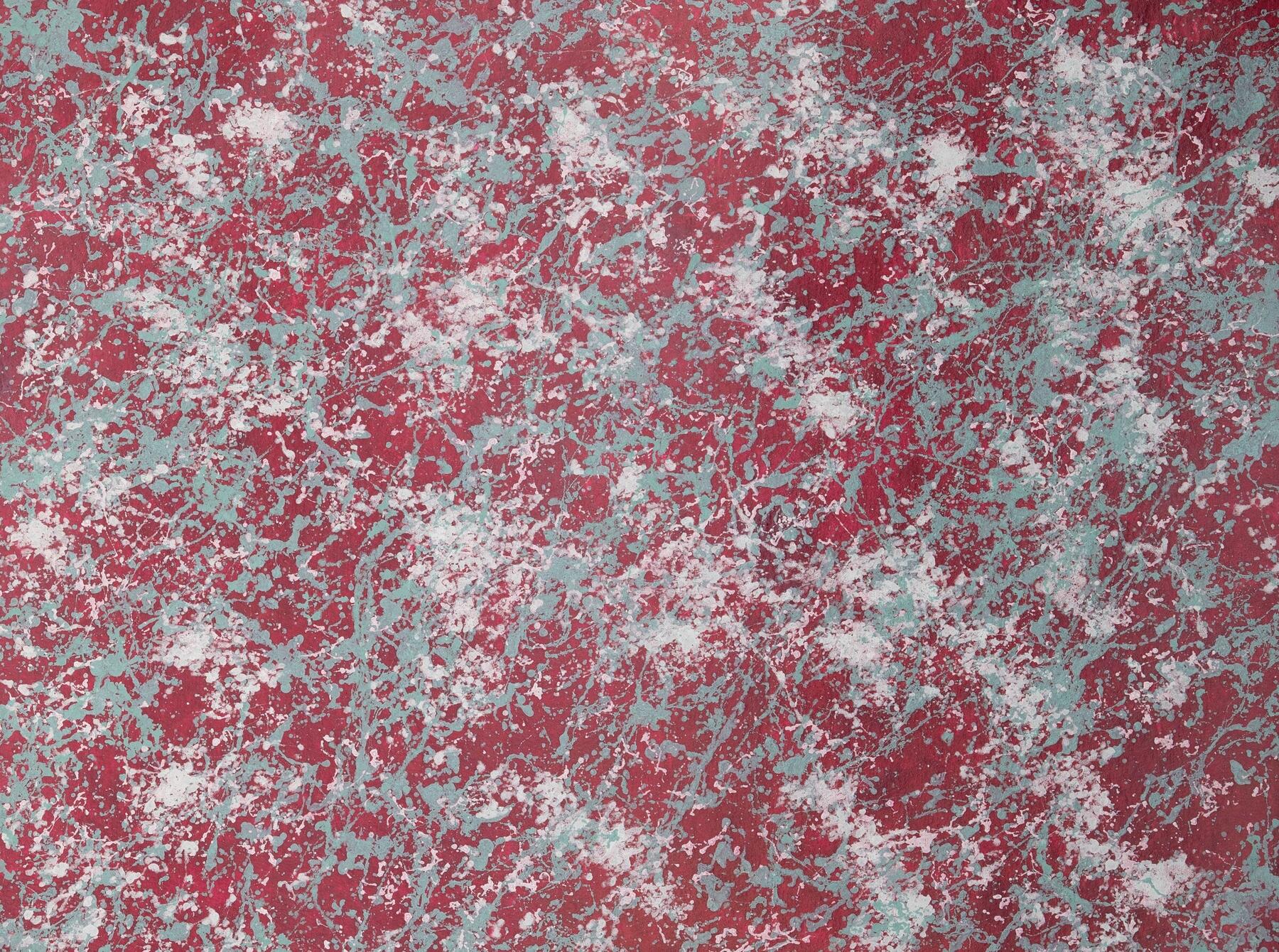 When the Ocean Looks Back, 2025 — crimson ground worked over with pale teal and white spatter; the watcher and the watched collapsing into one surface.